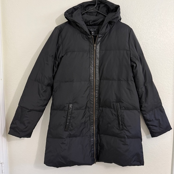 EILEEN FISHER Small Black Puffer with down feathers leather trim zip up hood